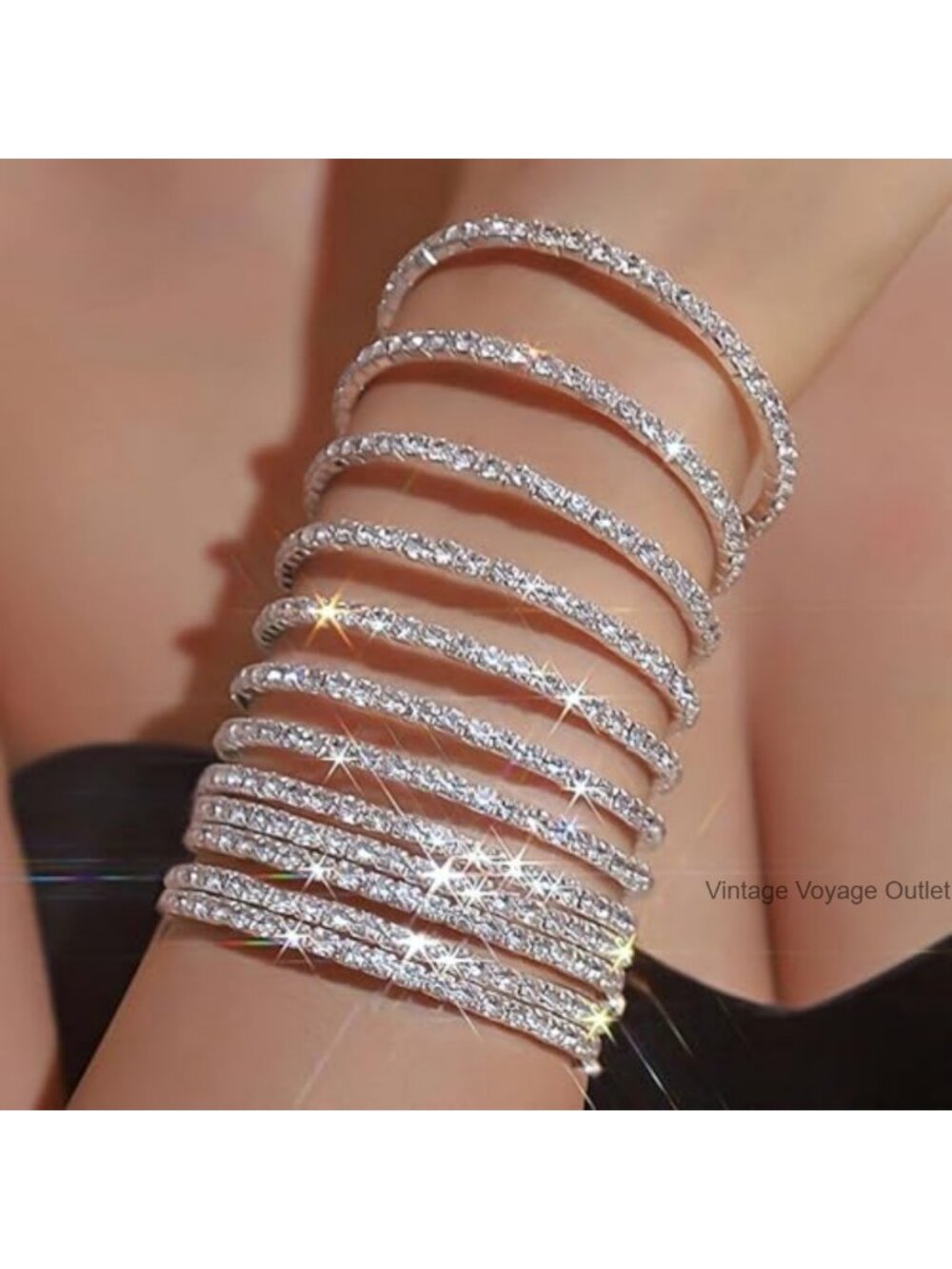 Crystal Rhinestone Stretch Bracelets Stackable Cuff Bangle Set Wedding Prom - Picture 3 of 5